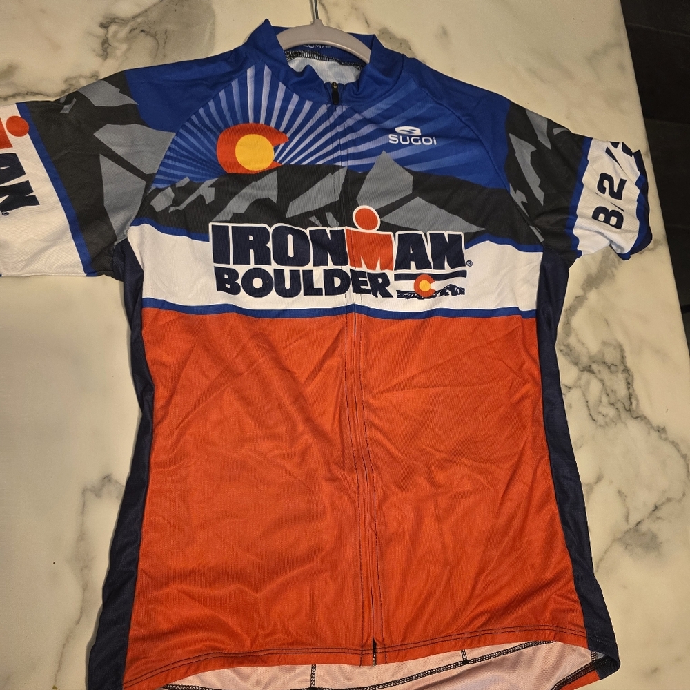 SUGOI Ironman Boulder Jersey - Blue, Orange, White, medium 2015, two small spots